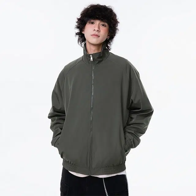 美式基础款简约纯色拉链宽领教练夹克外套 男女同款
