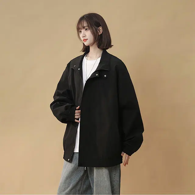 美式复古日系简约基础款舒适纯色外套宽松落肩款飞行员教练个性立领户外运动拉链长袖夹克 男女同款