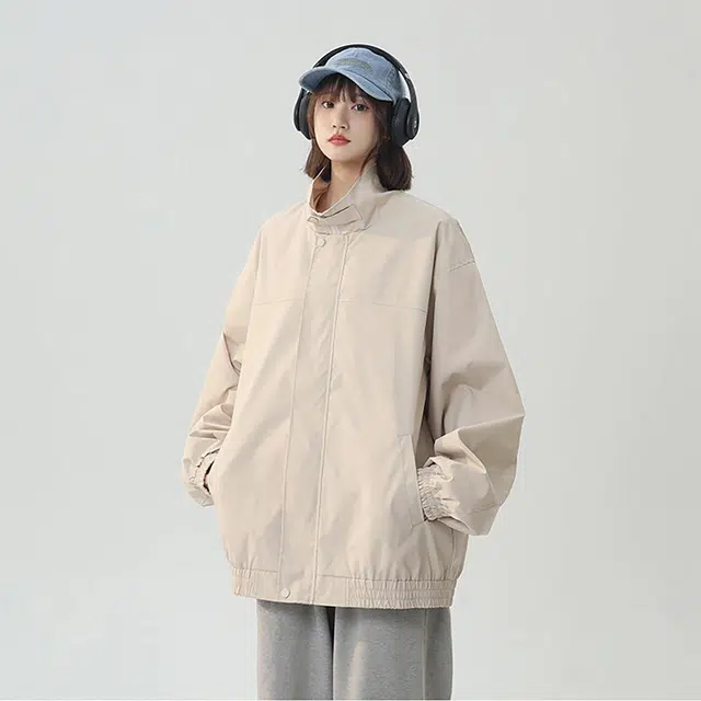 美式复古日系简约基础款舒适纯色外套宽松落肩款飞行员教练个性立领户外运动拉链长袖夹克 男女同款