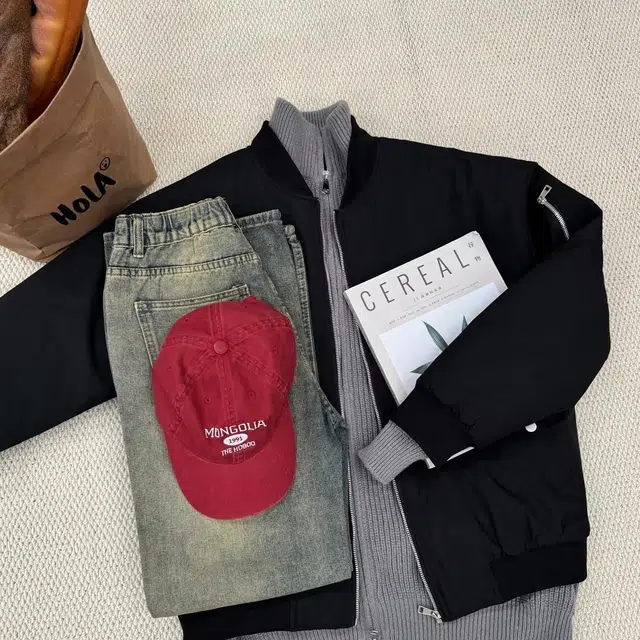 快鱼 美式复古高街学院风酷帅潮流军事风宽松棒球领加厚飞行员夹克外套叠穿立领拉链开衫纯色针织衫百搭休闲学生棉服 男女同款