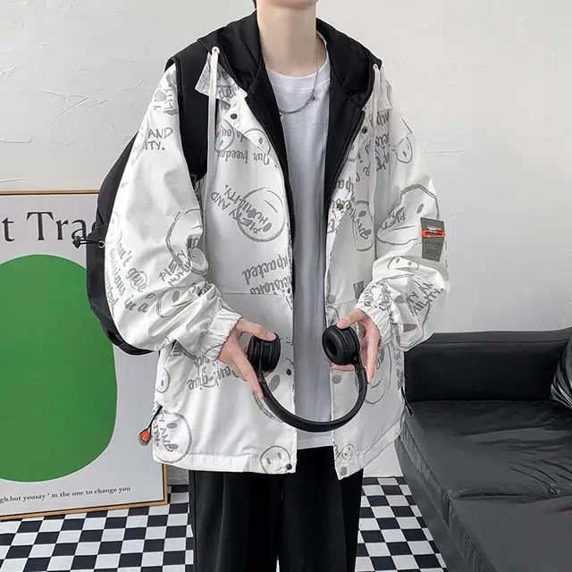 玉儿恋 韩版潮牌假两件满印设计感痞帅嘻哈学院风宽松落肩休闲舒适百搭长袖连帽夹克外套 男女同款