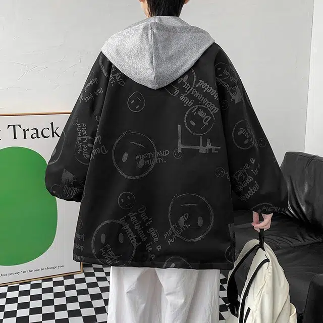 玉儿恋 韩版潮牌假两件满印设计感痞帅嘻哈学院风宽松落肩休闲舒适百搭长袖连帽夹克外套 男女同款