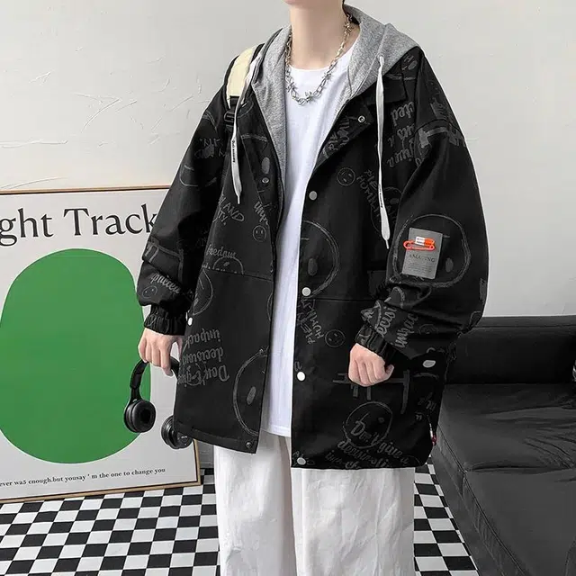 玉儿恋 韩版潮牌假两件满印设计感痞帅嘻哈学院风宽松落肩休闲舒适百搭长袖连帽夹克外套 男女同款