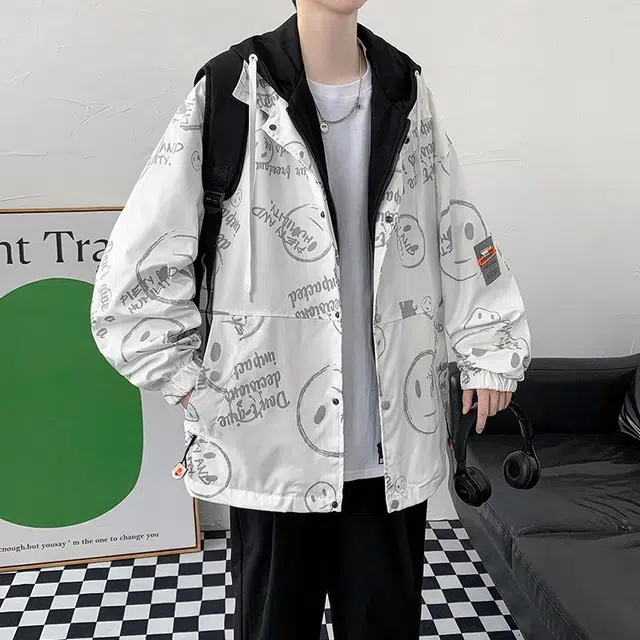 玉儿恋 韩版潮牌假两件满印设计感痞帅嘻哈学院风宽松落肩休闲舒适百搭长袖连帽夹克外套 男女同款