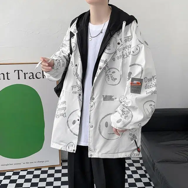 玉儿恋 韩版潮牌假两件满印设计感痞帅嘻哈学院风宽松落肩休闲舒适百搭长袖连帽夹克外套 男女同款