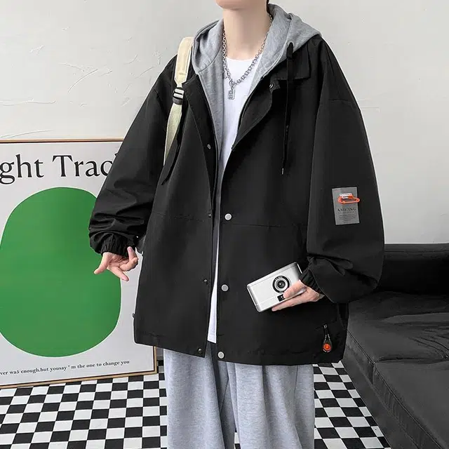 玉儿恋 韩版潮牌假两件满印设计感痞帅嘻哈学院风宽松落肩休闲舒适百搭长袖连帽夹克外套 男女同款