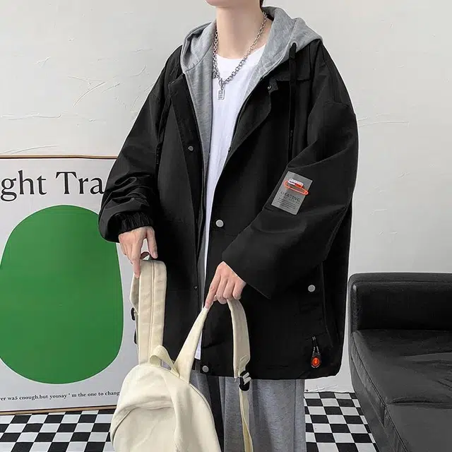 玉儿恋 韩版潮牌假两件满印设计感痞帅嘻哈学院风宽松落肩休闲舒适百搭长袖连帽夹克外套 男女同款