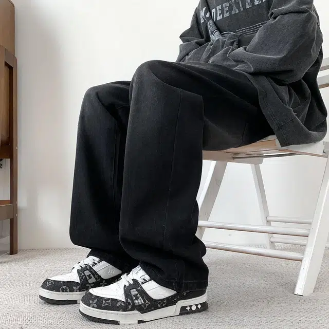 快鱼 美式复古做旧水洗简约百搭宽松休闲垂感直筒牛仔裤 男女同款