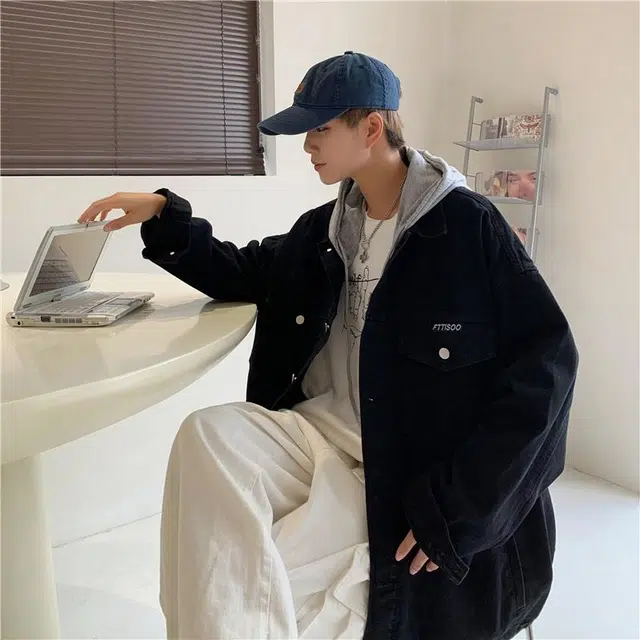 玉儿恋 美式复古学院风日系单排扣水洗基础款简约工装大口袋宽松休闲百搭可拆卸帽子假两件长袖牛仔外套 男女同款