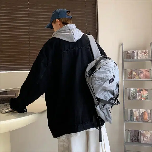 玉儿恋 美式复古学院风日系单排扣水洗基础款简约工装大口袋宽松休闲百搭可拆卸帽子假两件长袖牛仔外套 男女同款