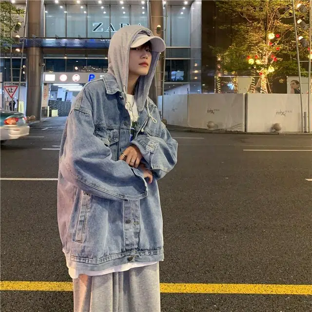 玉儿恋 美式复古学院风日系单排扣水洗基础款简约工装大口袋宽松休闲百搭可拆卸帽子假两件长袖牛仔外套 男女同款