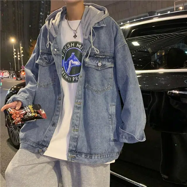 玉儿恋 美式复古学院风日系单排扣水洗基础款简约工装大口袋宽松休闲百搭可拆卸帽子假两件长袖牛仔外套 男女同款