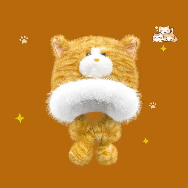 优莲茵 可爱橘猫条纹小猫秋冬保暖防寒护耳加绒百搭套头帽 聚酯纤维 绒线帽 男女同款情侣款