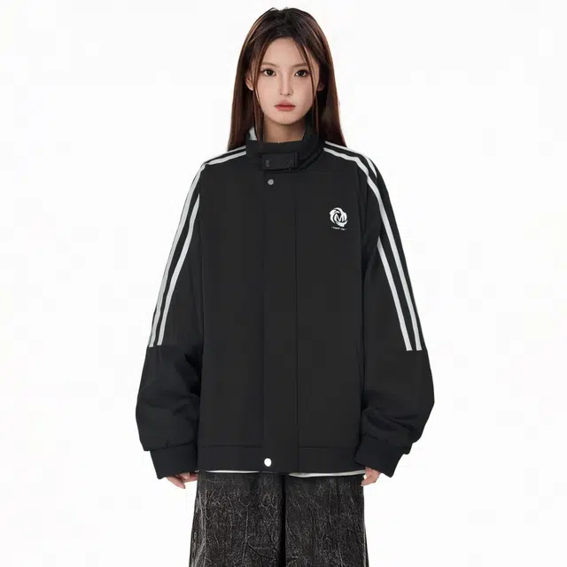 棉致 美式复古简约运动风撞色字母宽松工装休闲立领夹克外套 男女同款