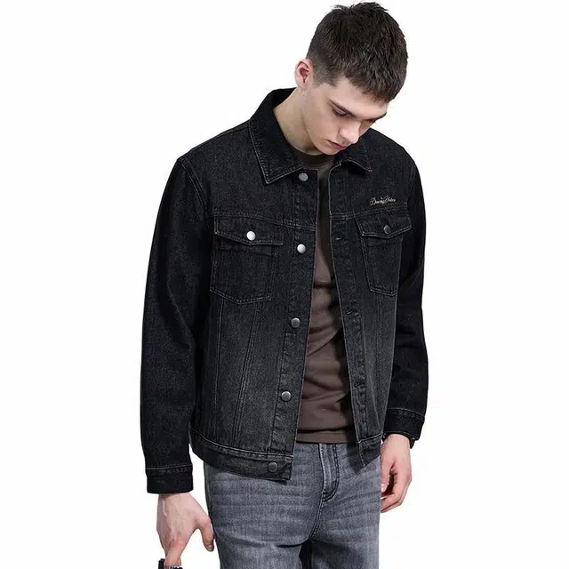 与狼共舞 潮流时尚翻领休闲纯棉牛仔夹克外套 男款 黑色