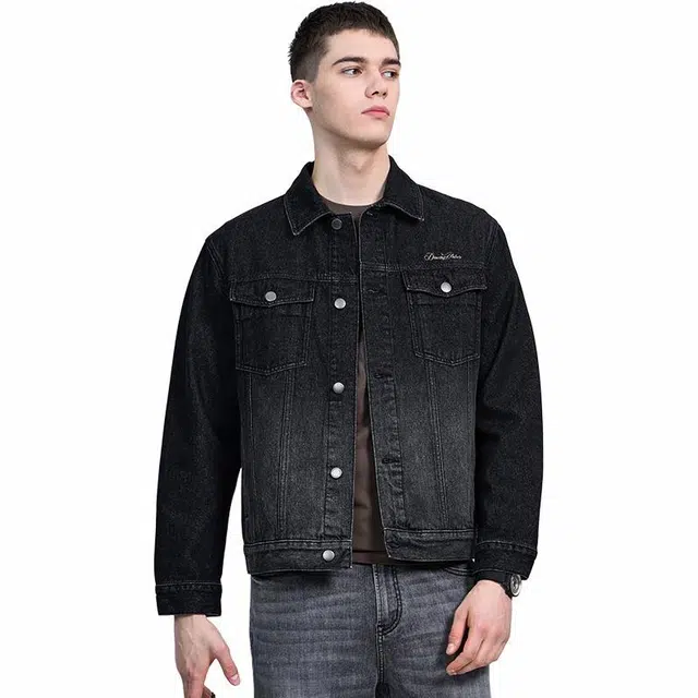 与狼共舞 潮流时尚翻领休闲纯棉牛仔夹克外套 男款 黑色