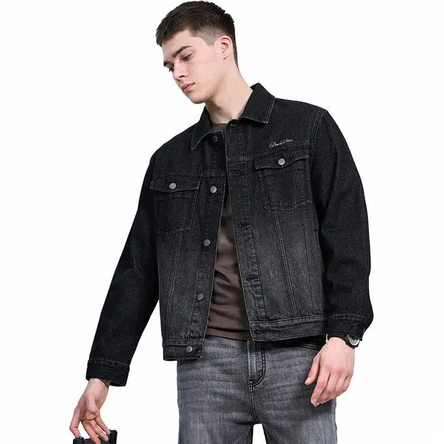 与狼共舞 潮流时尚翻领休闲纯棉牛仔夹克外套 男款 黑色