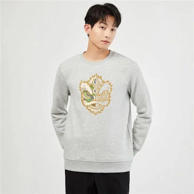 佐丹奴 加绒上衣醒狮国潮风印花圆领抓绒卫衣 男