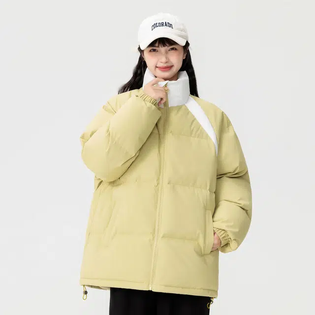玉儿恋 美式高街复古百搭潮流简约纯色无性别主义撞色拼接单排扣外套宽松休闲舒适通勤立领落肩袖面包棉服 男女同款