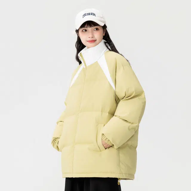 玉儿恋 美式高街复古百搭潮流简约纯色无性别主义撞色拼接单排扣外套宽松休闲舒适通勤立领落肩袖面包棉服 男女同款