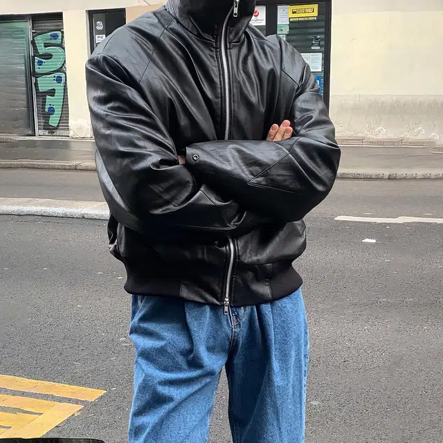 我是大卫 加绒加厚短款美式复古宽松皮衣 男女同款 黑色