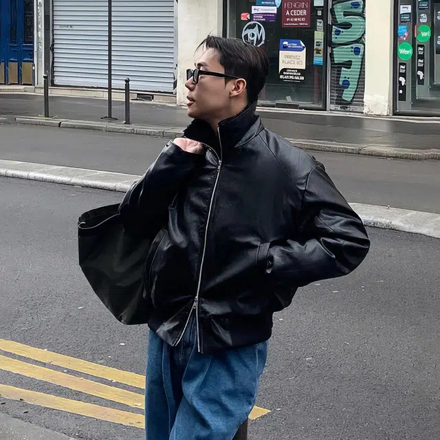 我是大卫 加绒加厚短款美式复古宽松皮衣 男女同款 黑色