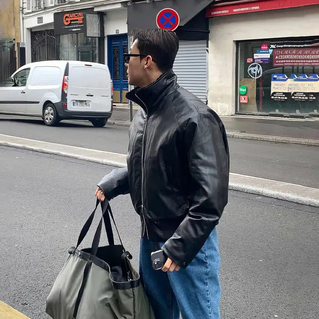 我是大卫 加绒加厚短款美式复古宽松皮衣 男女同款 黑色