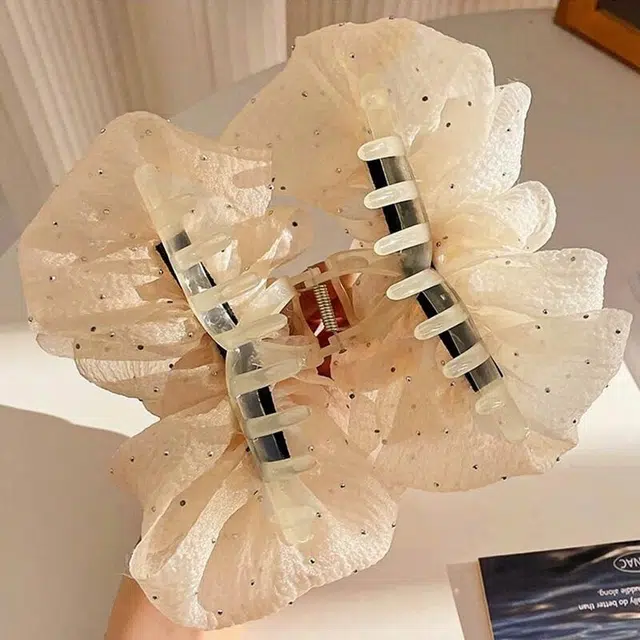 丹琴 网纱云朵泡泡蝴蝶结抓夹高级感后脑勺盘发显发量高颅顶鲨鱼夹子 亚克力 发夹 女款