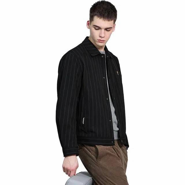 与狼共舞 都市通勤系列 潮流时尚条纹商务休闲翻领夹克外套 男款 黑色