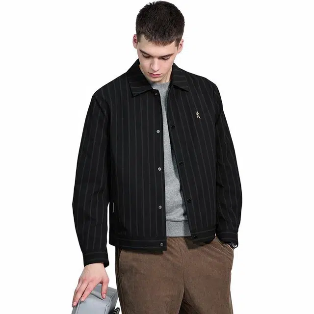 与狼共舞 都市通勤系列 潮流时尚条纹商务休闲翻领夹克外套 男款 黑色