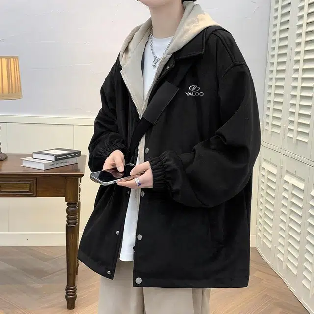 雅鹿 美式休闲宽松街头假两件高级感创意字母设计简约连帽麂皮绒夹克外套 男女同款 黑色