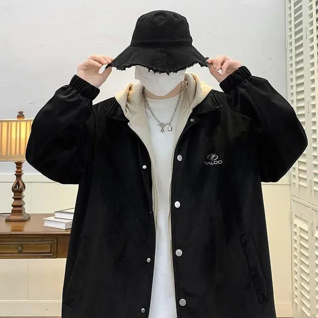 雅鹿 美式休闲宽松街头假两件高级感创意字母设计简约连帽麂皮绒夹克外套 男女同款 黑色