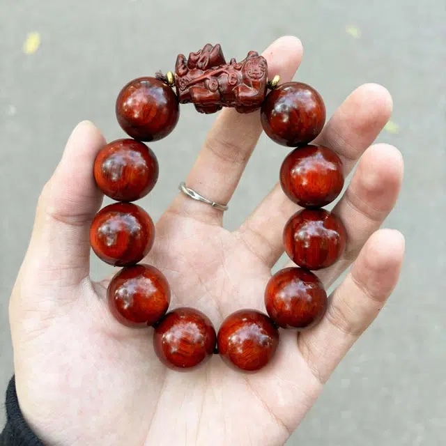 鶄鲤 高密檀香雕刻貔貅红木中式单圈高油佛珠文玩禅意手饰品 紫檀属 手串 男女同款情侣款