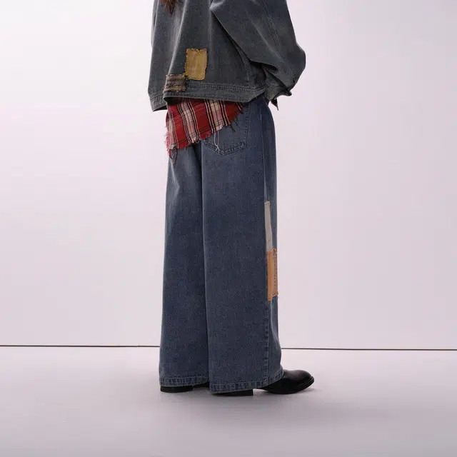 徐太浪 美式水洗做旧拼接补丁直筒宽松休闲百搭牛仔裤 男女同款 复古蓝