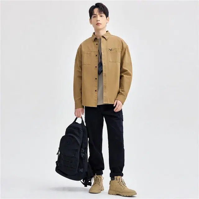 佐丹奴 纯棉磨毛梭织不对称口袋休闲长袖衬衫 男款 棕卡其
