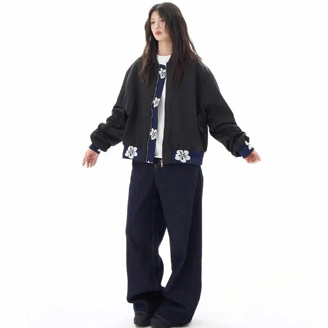 极限涡轮 美式高街复古纯色飞行员宽松短款长袖夹克外套 男女同款 黑色