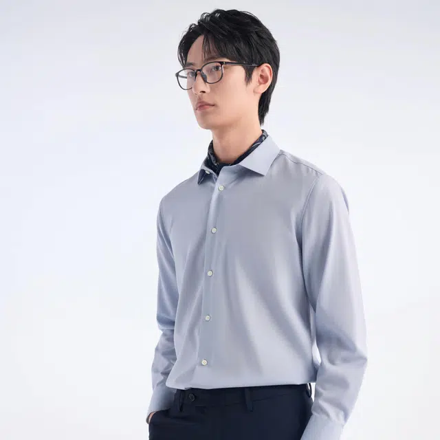 九牧王男裤专家 柔顺亲肤纯色修身长袖衬衫 男款