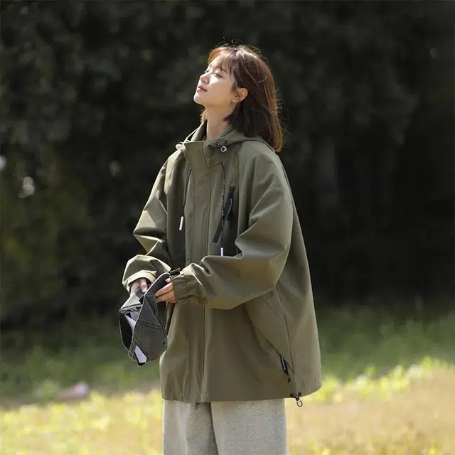 雅鹿 斜拉链设计宽松连帽百搭休闲夹克外套 男女同款 军绿色