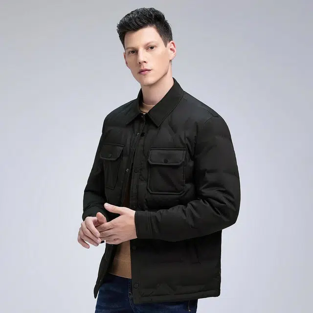 与狼共舞 时尚百搭纯色保暖舒适加绒羽绒服 男款 黑色