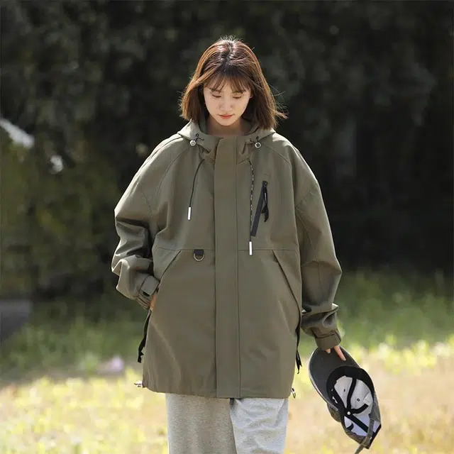 雅鹿 斜拉链设计宽松连帽百搭休闲夹克外套 男女同款 军绿色