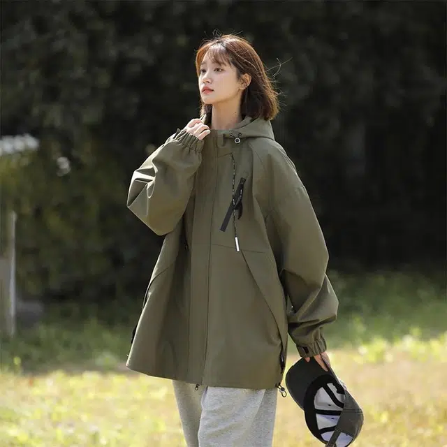 雅鹿 斜拉链设计宽松连帽百搭休闲夹克外套 男女同款 军绿色