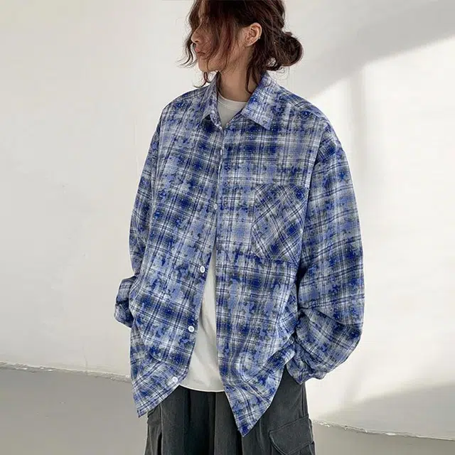 物质公式 美式高街复古扎染条纹格子设计感开衫外套宽松百搭慵懒风休闲简约痞帅高级落肩无性别穿搭长袖衬衫 男女同款