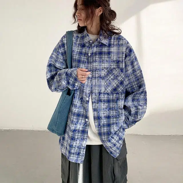 物质公式 美式高街复古扎染条纹格子设计感开衫外套宽松百搭慵懒风休闲简约痞帅高级落肩无性别穿搭长袖衬衫 男女同款