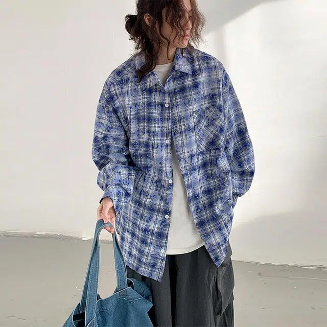 物质公式 美式高街复古扎染条纹格子设计感开衫外套宽松百搭慵懒风休闲简约痞帅高级落肩无性别穿搭长袖衬衫 男女同款