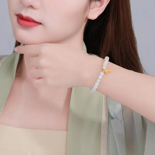 潮宏基 倾玉 竹叶 新中式小众高级 国风典雅 和田玉 手串 女款 白玉