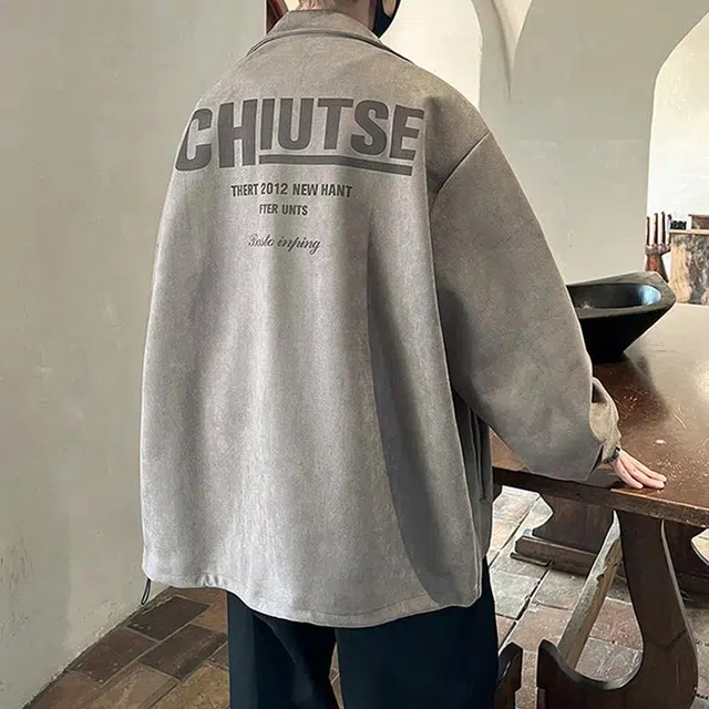 极限涡轮 美式潮牌高街复古趣味字母印花街头潮流时尚舒适百搭宽松个性翻领夹克外套 男女同款