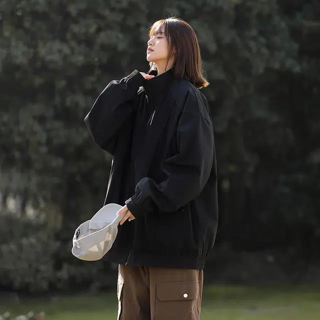 独驰 复古立领设计纯色宽松落肩夹克外套 男女同款