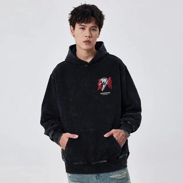 摇滚计划 摇滚万青国潮书法风印花创意纯棉重磅休闲宽松连帽卫衣 男女同款