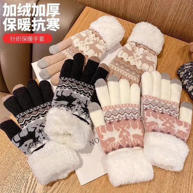 浪莎 秋冬季开车保暖加绒加厚防寒学生骑行针织韩系高颜值百搭可触屏 弹力不勒手 涤纶 绒线手套 女款