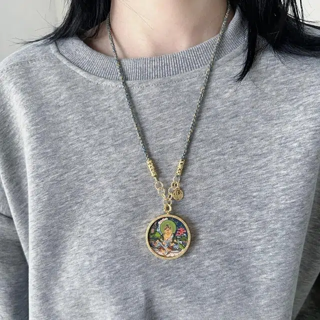 花茜樱 黄财神 原创设计手工编织西藏手绘唐卡民族风招财转运 合金 项链 男女同款情侣款